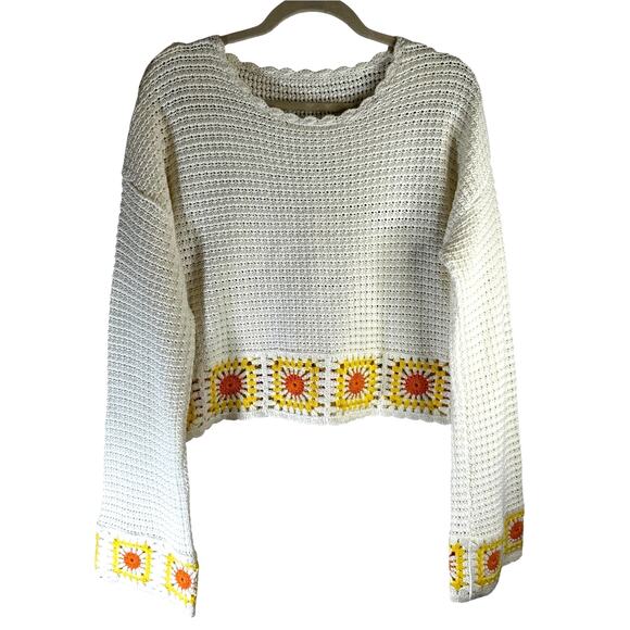 Women Crochet Bell Sleeve Sweater Open Weave Boho Granny Square Festival Cottage - Picture 1 of 9